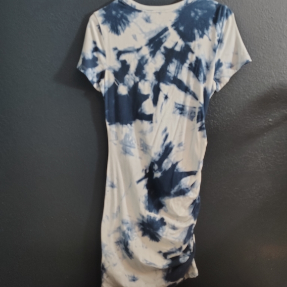 Lauren Ralph Lauren Blue and White Tie-Dye Midi Side Ruched T-shirt Dress - Picture 6 of 8